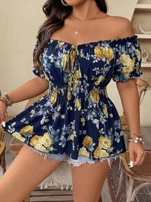 Weeklong Spring/Summer New Plus Size Women's Off Shoulder Cinched Waist Chest Tie Dye Print Elegant Fashion Blouse, Suitable For Dates, Travel, Etc. - Blue and White - View 6