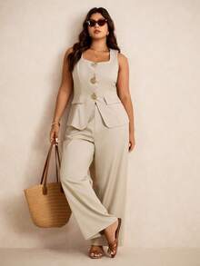 Hourglow Plus Size Women Metal Floral Decor Vest And Pants Elegant 2 Pieces Set, Business Casual Woman, For Hourglass Body Shape, For Body Shape, For Summer - Khaki - View 3