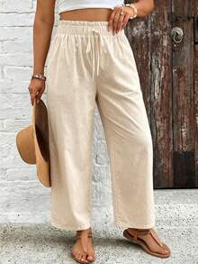 SHEIN VCAY 大码女式纯色抽绳腰休闲百搭日常裤 - 杏色 - 查看 6