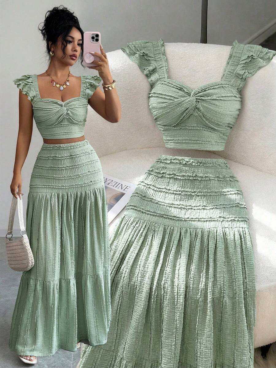 Elenzga Bộ đồ nữ màu xanh lá cây gồm áo croptop xoắn dây mảnh và chân váy xếp tầng, thích hợp cho các buổi tiệc, đi biển, du lịch. - màu xanh lá - Xem 1