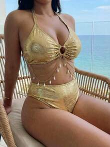 Swim SXY 2026新款性感大码女士沙滩度假比基尼套装，O型环链设计，适合夏季沙滩度假 - 金色 - 查看 2