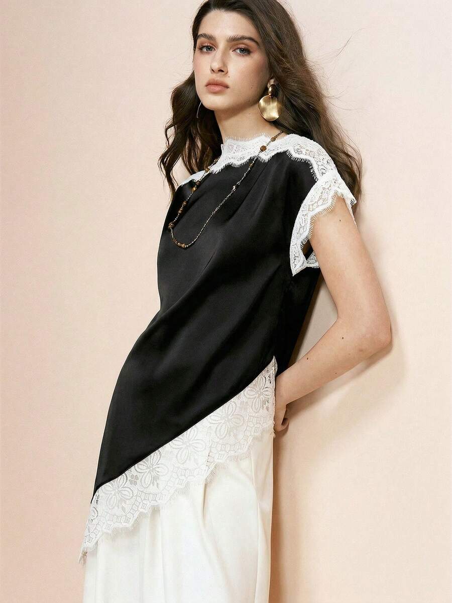 Arave ملابس علوية نسائية من أرافي، أسود وأبيض، قماش بيكيه، لون أنيق مع تطريز دانتيل وذيل غير متماثل، أنيقة للمواعيد، ملابس صيفية للنساء، بلوزات صيفية - أبيض وأسود - مشاهدة 1