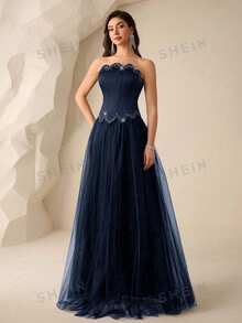 Coutiva Vestido de gala maxi de mujer con parches de malla con incrustaciones de diamante de imitación (bordado pesado) - Azul Marino - Ver 4