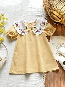 SHEIN Vintaside Kids 女婴甜美花卉刺绣泡泡领连衣裙，夏季 - 黃色 - 查看 3