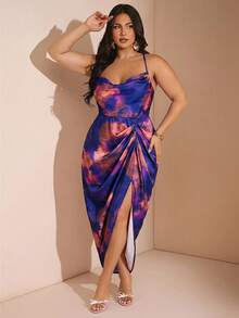 SHEIN BAE Plus Size Woman Blue Floral Satin Swing Neck Spaghetti Strap Draped High Slit Midi Dress,Summer 70's Boho Elegant Party Rave Wedding Guest Homecoming - Purple - View 5