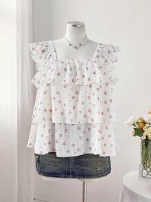 Sweetra Áo kiểu mùa hè tay ngắn cổ vuông họa tiết hoa nhí xếp lớp viền bèo nhún, chất liệu chiffon nhẹ nhàng. - Màu be - Xem 6