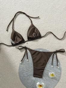 Swim Chiccia 女士纯色珍珠吊坠比基尼套装，春夏女士比基尼套装，棕色比基尼套装，塑形泳衣，棕色两件式泳装，棕色泳装比基尼，女士棕色两件式泳装，旅行沙滩日光浴 - 棕色 - 查看 3