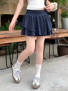 DAZY 女款純色蛋糕裙附安全內褲校園風 - 藏蓝色 - 查看 5