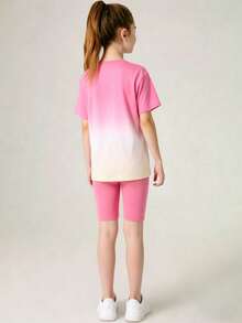 SHEIN Set Pakaian Anak Perempuan Remaja 2 Potong: Kerah Bulat Blok Warna Gradien, Lucu, Sekolah, Kembali ke Sekolah - Hot Pink - View 2