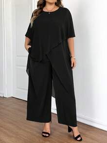 SHEIN CURVE+ 大码女式休闲纯色上衣和裤子两件套 - 黑色 - 查看 5