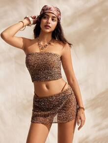 Easelle 女士透视性感亮片迷你裙 - 棕色 - 查看 6