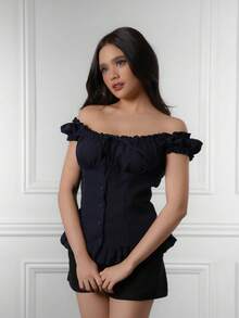Criza Taa Women's Summer Solid Color Ruffle Hem Tie Waist Short Sleeve Blouse - Navy Blue - View 4