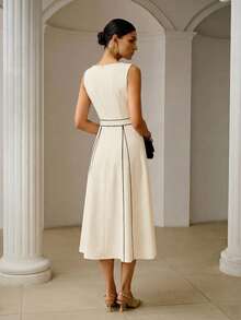 ZEYLAH CONTRAST PIPING FOLD PLEATED MIDI DRESS - Apricot - View 6