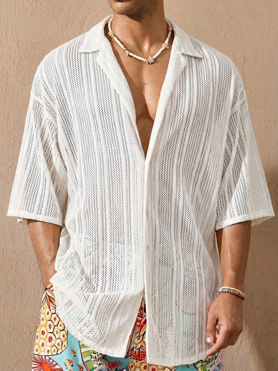 HIMLAND 男士轻薄时尚波西米亚风梭织休闲沙滩度假宽松短袖夏威夷衬衫沙滩装
