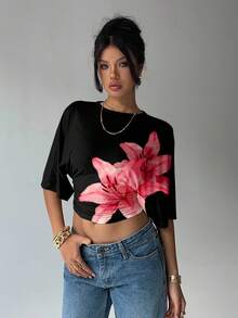 Aloruh Women's Solid Color Round Neck Batwing Sleeve Ruched Design Cropped Fashionable Top,Summer Top - Multicolor - View 5