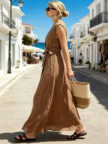 SHEIN Tall Đầm không tay màu nâu mới dành cho nữ, thích hợp cho mùa xuân/hè. - màu nâu - Xem 4