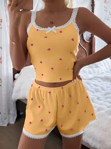 CottageSlumber Women's Pink Heart & Ribbed Lace Silk Camisole Shorts Pajama Set - Yellow - View 6