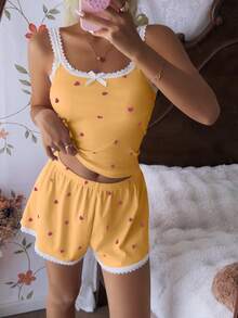 CottageSlumber Women's Pink Heart & Ribbed Lace Silk Camisole Shorts Pajama Set - Yellow - View 7