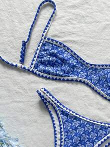 Swim Mod Women's Beach Outfit, Sweet Ditsy Floral, Fashionable Casual Resort Wear, Cute & Sexy, Micro Bikini Swimwear Set - Blue and White - View 6