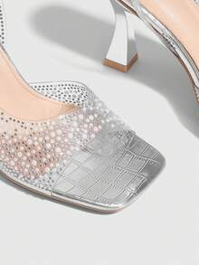 CUCCOO SZL Giày sandal nữ thời trang và quyến rũ, đế dày đính đá lấp lánh, màu bạc ánh ngọc trai, chất liệu TPU trong suốt, họa tiết đá, mũi vuông, kiểu dáng thoải mái, phù hợp cho các bữa tiệc, đám cưới, mùa xuân, hè và Giáng sinh. - Bạc nhạt - Xem 5