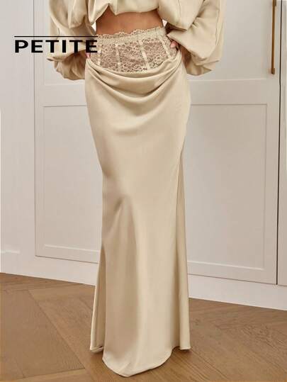 SHEIN Aloruh Petite PETITE 女士夏季新款香槟色奢华优雅缎面蕾丝拼接派对长裙