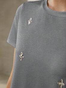 MOTF PREMIUM WOMEN'S SUMMER RHINESTONE-DECORATED SHORT-SLEEVE T-SHIRT - Grey - View 2
