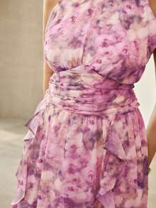 MOTF PREMIUM WOMEN'S ELEGANT RUFFLE HEM ALLOVER PRINT SLEEVELESS DRESS - Purple - View 2