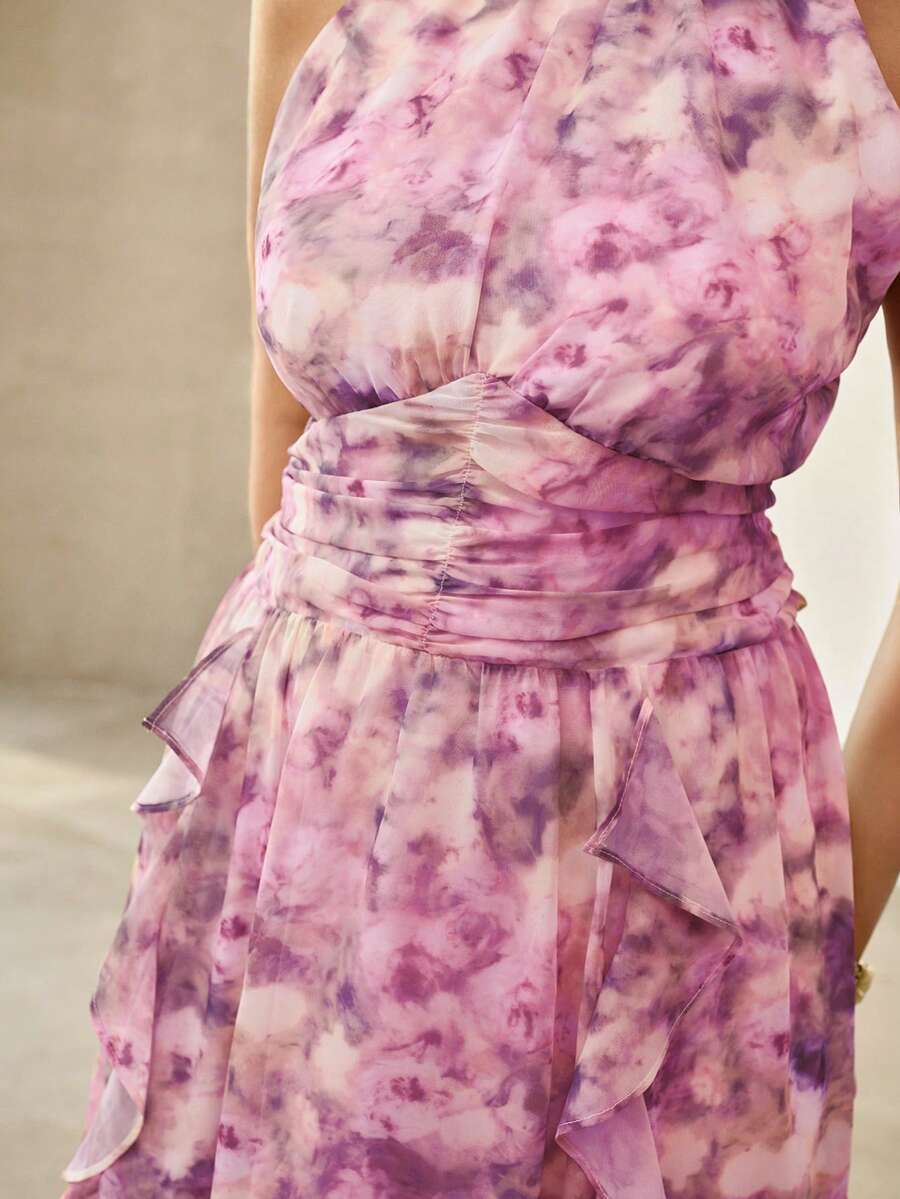 MOTF PREMIUM WOMEN'S ELEGANT RUFFLE HEM ALLOVER PRINT SLEEVELESS DRESS - Purple - View 2