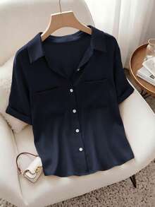 ante y chic francesa, de moda minimalista, tejida, con cuello polo, diseño de bolsillo, manga corta, adecuada para la oficina, la escuela, reuniones, viajes, nueva blusa de verano para mujer - Gris - Ver 7