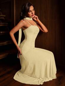 Modelyn Vestido de fiesta de mujer con diseño fluido de volantes, tirantes de espagueti y malla rosa, elegante vestido largo maxi para eventos formales - Amarillo claro - Ver 3