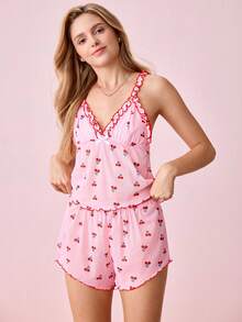 Cherry Print Ruffled Strap Top & Shorts Loungewear Set - Pink - View 6