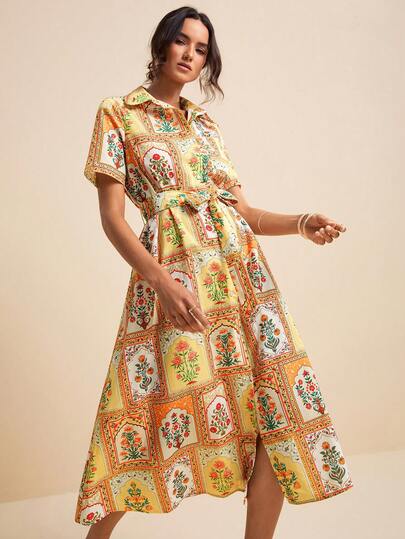 LOTSLUV Đầm nữ mùa xuân/hè cổ sơ mi tay ngắn có thắt lưng, họa tiết hoa nhiệt đới khắp thân đầm.