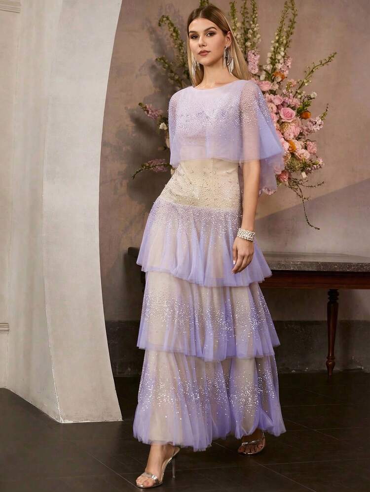 WOMEN'S NEW MESH BEADED LAYERED FORMAL DRESS, ETHEREAL SHEER RUFFLE HEM MAXI DRESS, HIGH-END GALA RUNWAY EVENING GOWN