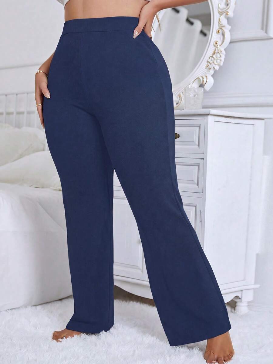 Calvaya Plus Size Solid Color Flared Ribbed Casual Pants Fall Cloth For Women - Navy Blue - View 1