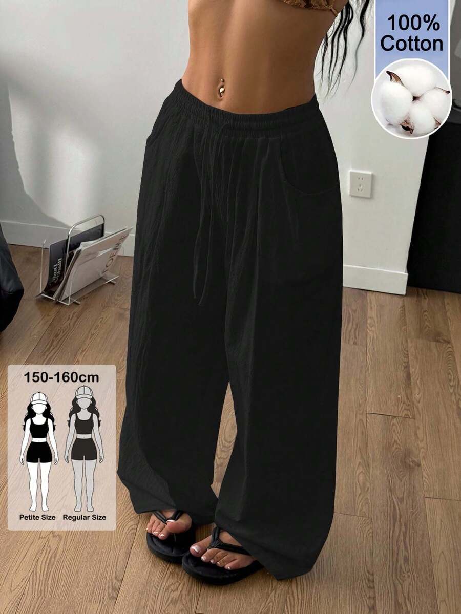 SHEIN Coolane Petite 女士小码夏季外出街头风复古休闲度假装运动棉舒适抽绳弹力腰带舒适运动黑色宽松中腰直筒裤小码版型中腰裤适合娇小身材 - 黑色 - 查看 1