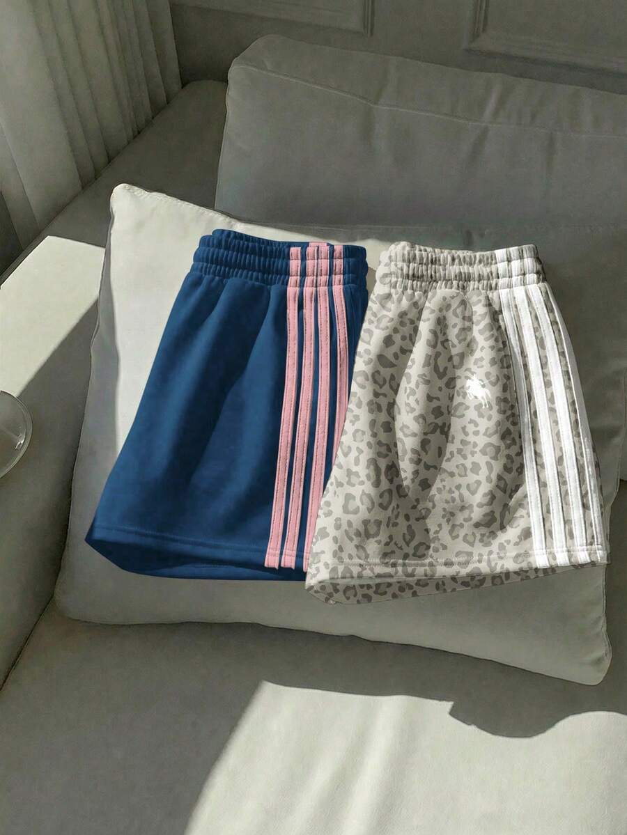 Comfortcana 2件組女款夏季休閒健身短褲,海軍藍底色配粉色緞帶與灰色豹紋針織拼接,寬鬆日常百搭簡約風 - 彩色 - 查看 1