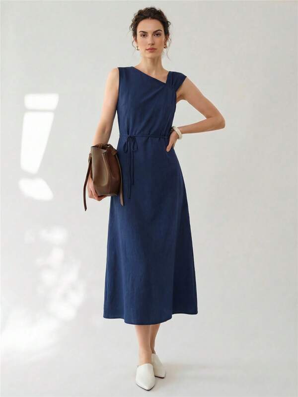 Uhlyne Uhlyne Women's Navy Blue Summer Elegant Dress For Work,Sleeveless Minimalist Cotton Linen Texture Slit Waist Rope Office Dress,Beach Vacation Wedding Outfit