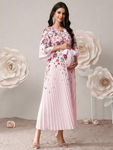 SHEIN 孕妇优雅印花荷叶袖系带连衣裙，度假风 - 淺粉色 - 查看 4