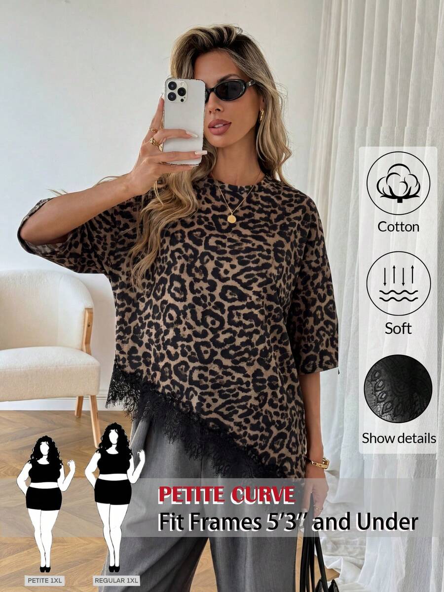 SHEIN PETITE CURVE 大码女式休闲豹纹蕾丝拼接短袖T恤，不对称下摆，适合夏季度假、通勤和日常穿着 - 彩色 - 查看 1