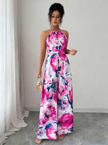 Elenzga Bộ jumpsuit nữ thanh lịch không tay, dây mảnh, xếp ly, thắt eo, họa tiết hoa. - Nhiều màu - Xem 3