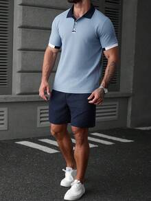 Manfinity CasualCool Men's Contrast Color Collar Waffle Polo Shirt And Shorts Set - Multicolor - View 6