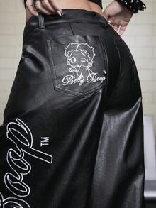 Betty Boop | ROMWE Collab Y2K Punk Babe PU Leather Low Waist Loose Wide Leg Pants - Black - View 3