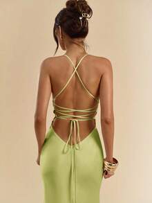 SHEIN BAE 杏色和白色深V领细肩带超长露背系带缎面美人鱼礼服，优雅礼服，度假礼服，伴娘礼服，生日派对礼服，毕业礼服，白色礼服 - 橄欖綠 - 查看 3