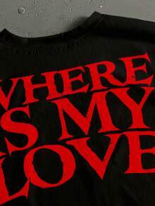 Manfinity ZONE917 Boxy Short Street Fashion Distressed Red "WHERE IS MY LOVE" Print Loose Racerback Tank Top, Suitable For Summer - Black - View 2