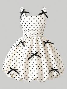 Süßes Kleid für Kleine Mädchen mit 3D Schleifen Dekor, Träger Taille geraffte Laternensaum Kleid, Kinder Sommer Lässig Urlaubs Chic Stil - Weiss - Übersicht 4