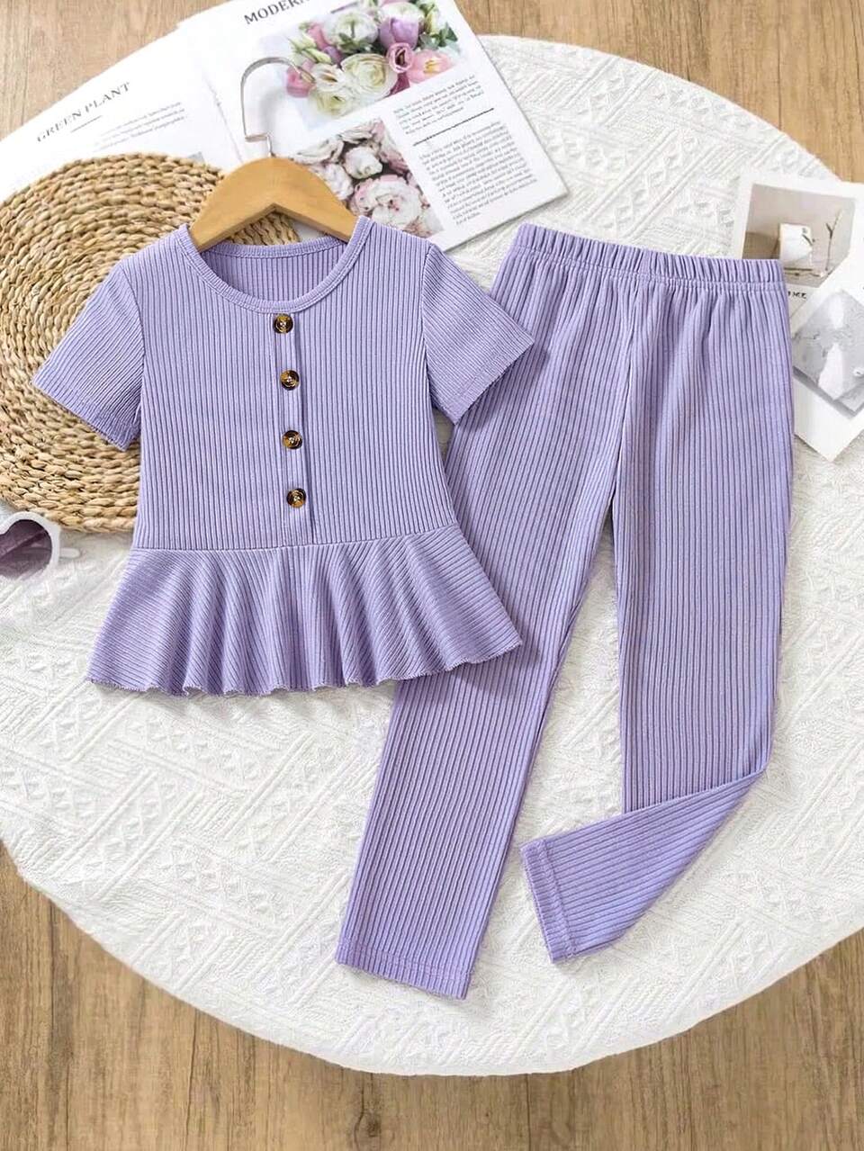 Young Girl 2-Piece Set With Buttoned Decorated Ruffle Trim Short Sleeve Top And Casual Long Pants,Summer Transition Kids' Indoor Outdoor Activities