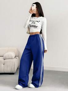 SHEIN Women's Casual Striped Patchwork Side Slit Wide Leg Pants, Spring/Summer - Blue - View 5