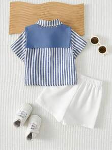 Cozy Pixies 3pcs Baby Boy Set: Solid Color Shawl Collar Striped Short Sleeve Cardigan Shirt And Elastic Waist Shorts - Blue - View 3