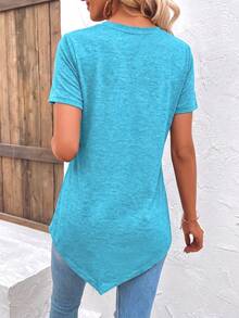 EMERY ROSE Women's Casual Solid Color Asymmetrical Hem T-Shirt, Summer - Blue - View 2