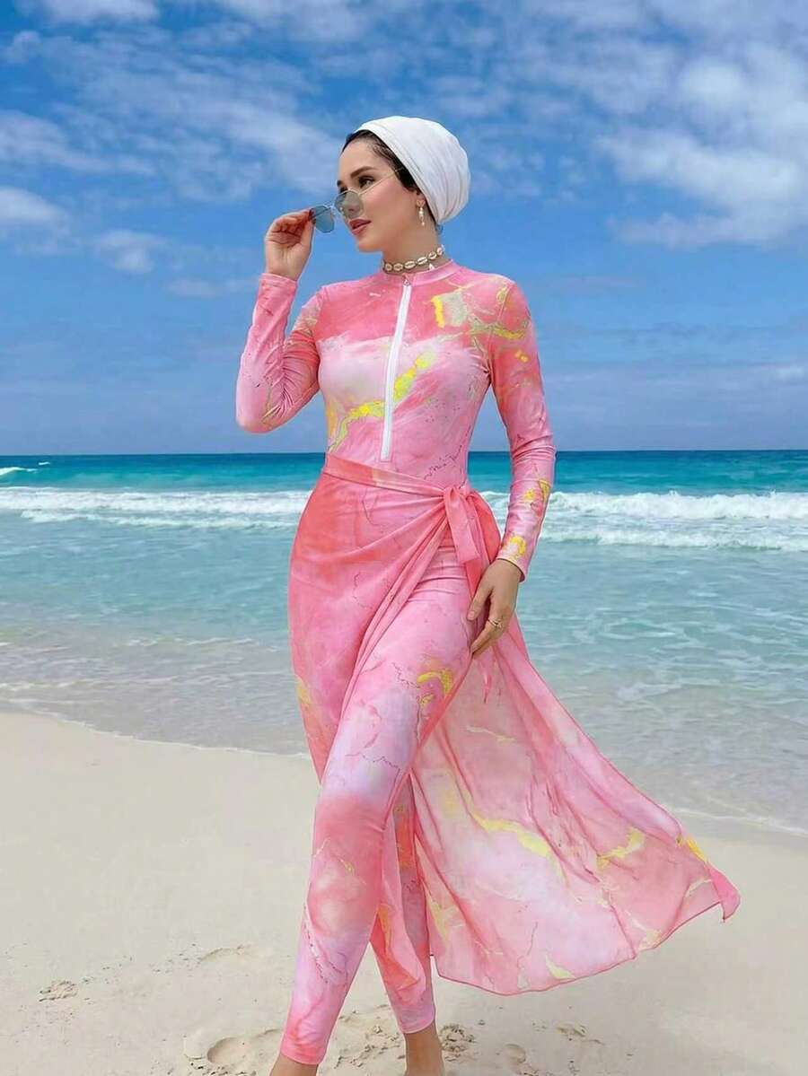 Swim Shayni 三件套：扎染印花高领长袖拉链泳衣、泳裤和网纱长裙，适合春夏、中东、海滩、邮轮、度假等场合。 - 彩色 - 查看 1